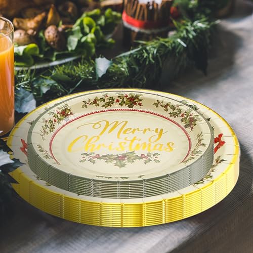 ceiba tree 48 Pack Christmas Paper Plates 24 Pcs 9" Disposable Paper Dinner Plates 24 PCS 7" Dessert Plates Christmas Holly Dinnerware Set for 24 Guests Party Supplies – Image 6