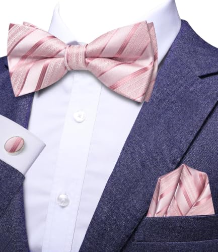Image of Dubulle Mens Paisley Striped Bowtie Set Pre-tied Bowtie for Men and Pocket Square Set Wedding Business