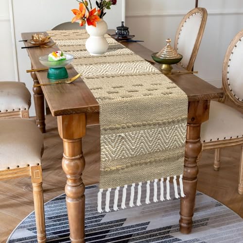 Image of Luxe Home Elegant Beige and White Woven Table Runner with Tassels - Mix Cotton Jute 13 x 74 Inch, Zig Zag - Perfect for Dining Table, Center Table, Decor