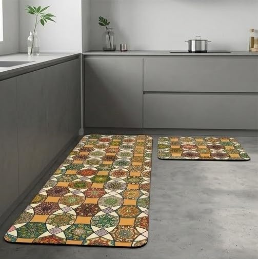 Image of HomeCloud Rubber Kitchen Mats for Floor Set of 2 Pcs|Non-Skid, Soft Absorbent Rugs for Kitchen, Laundry, and Hallway|120x40cm, 40x60cm| 4mm Thickness (Yellow Flower Circle)