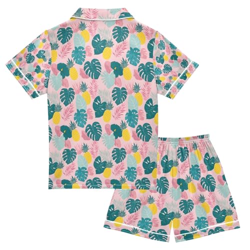 senya Monstera Deliciosa Pineapple Satin Summer Pajama Sets Silk Short Sleeve Button Down Sleepwear2