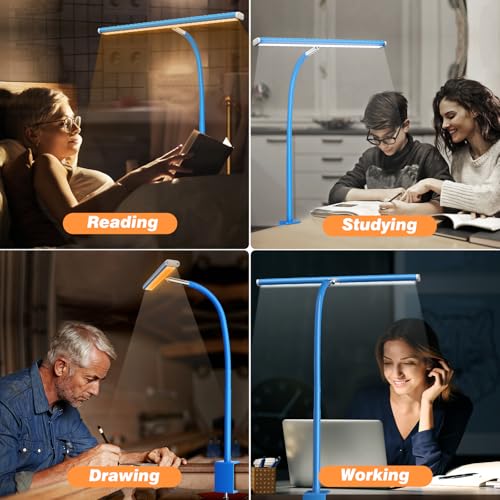Image of Airlonv LED Desk Lamp for Office Home, Eye-Caring Desk Light with Stepless Dimming Adjustable Flexible Gooseneck, 10W USB Adapter Desk Lamp with Clamp for Reading, Study, Workbench (Blue)