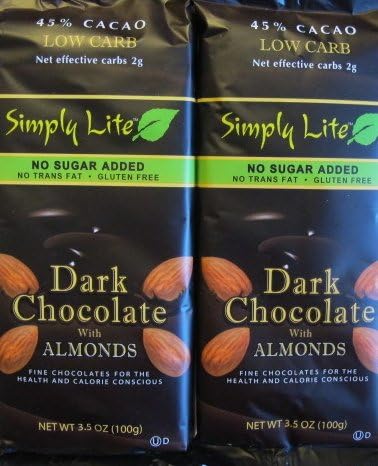 Trader Joes 2--- 45% Cacao Low Carb Simply Lite No Sugar Added Dark Chocolate w/Almonds Bar