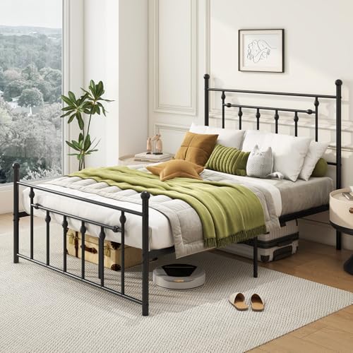 GOFLAME Full Size Metal Bed Frame, Victorian Style Mattress Foundation with Headboard & Footboard, Under Bed Storage, Heavy-Duty Platform Bed, Metal Slats Support, No Box Spring Needed, Black
