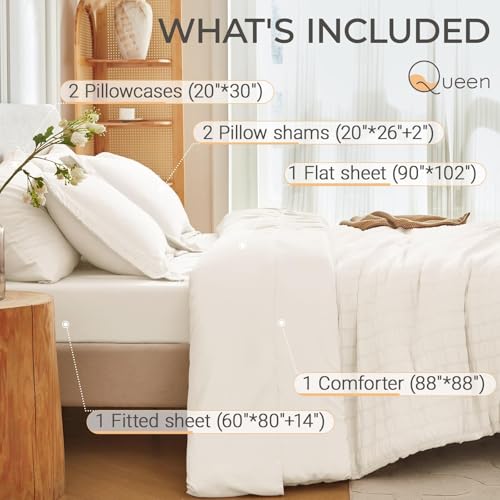 Image of MUXHOMO 7 Pieces Queen Comforter Set, Seersucker Bed in a Bag Queen Size, All Season Luxury Bedding Set with Comforter, Flat Sheet, Fitted Sheet, Pillowcases & Shams, Ivory