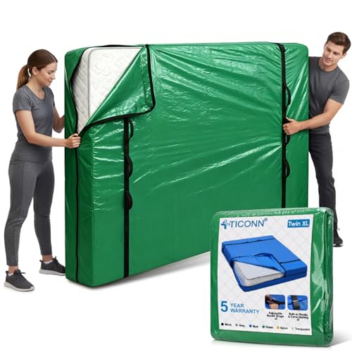 TICONN Mattress Bags for Moving, Heavy Duty Twin XL Mattress Cover Storage Bag with Full-Around Handle and Adjustable Buckles (Green, Twin XL)