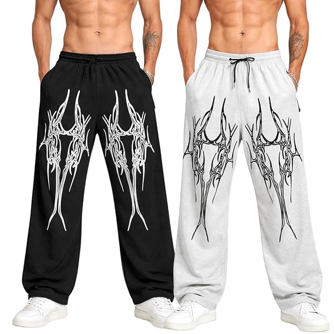 urob Men's Baggy Track Pants, Baggy Streetwear, Cotton Track Pants, Elastic Waist & Relaxed Fit Bottoms | Aesthetic Gothic Wide Leg Pants for Men | Tribal Print Baggy Streetwear | Combo of 2 |-picture-45