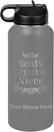 Miniatura 42 de LaserGram Personalized Water Bottle, World's Greatest Niece, Stainless Steel Double Wall Vacuum Insulated with Flip Top Straw, Custom Engraved Gift