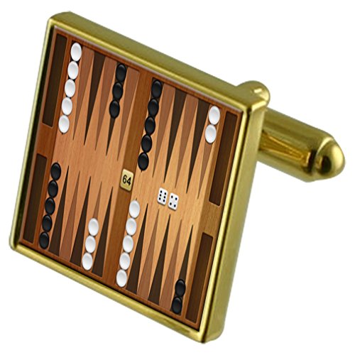 Set de regalo de gemelos de backgammon tono oro y clip de corbata con cristal