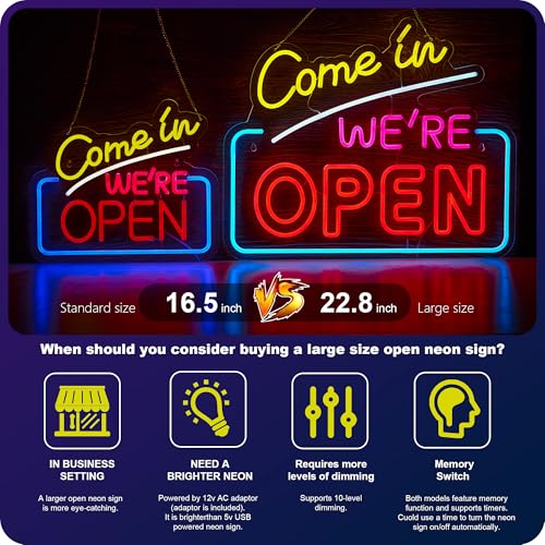 Image of Large Open Neon Sign for Business, 22.8x18.9 In Come In We're Open 12V High Brightness Light Up Dimmable Signs Compatible with Timer for Cafe Business Shop Bar Hotel,Restaurant Retail store Party Pub Decoration and Shop Decoration Gift