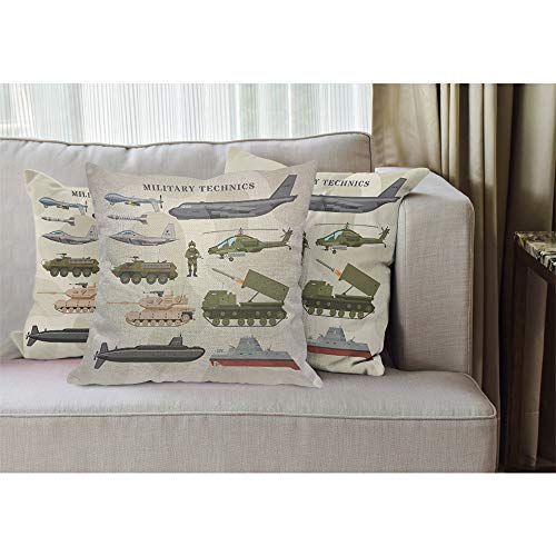 Ekobla Military Technics Throw Pillow Cover Camouflage Air Freighter Armored Plane Tank Helicopter Cozy Square Cushion Case For Men Women Boys Girls Room Home Decor Cotton Linen 18X18 Inch #TOP1
