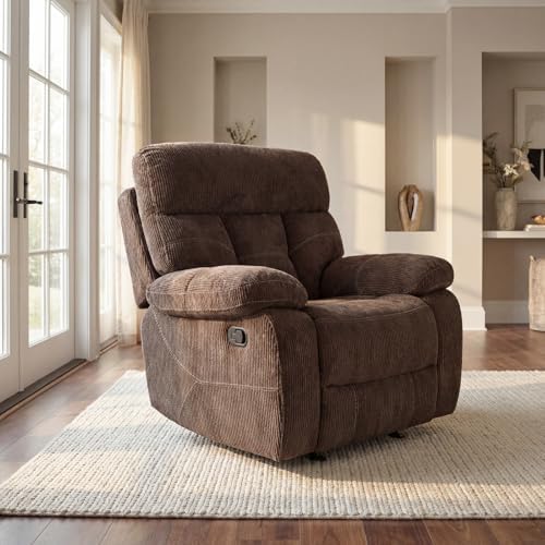 Image of Oversized Recliner Chair, Manual Corduroy Lazy Boy Recliner with Home Theater Seating, Breathable Living Room Reclining Chair for Adults Reading, Gaming, Relax, Brown