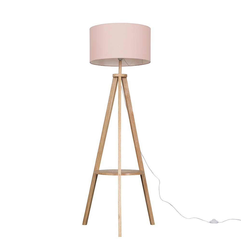 Minisun Pink | Modern Light Wood Tripod Design Floor Lamp With Storage Shelf And Drum Shade | Floor Lamps & Torchieres, Home Décor & Improvement Essential | Includes 6W Led E27 Light Bulb