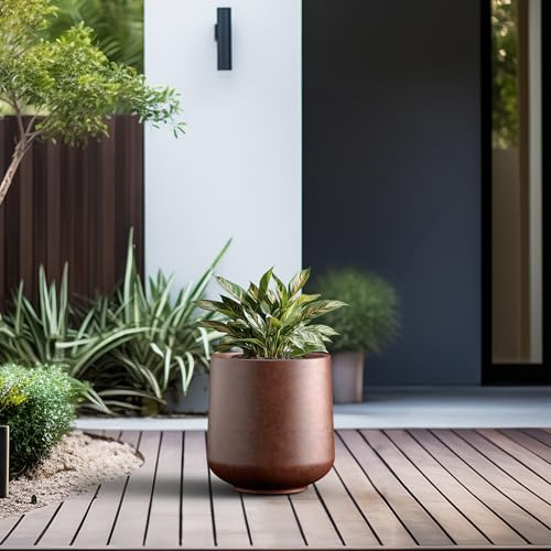 Image of Kante Accent Round Curved Rusty Concrete Planter 13 inch Dia, Outdoor | Rubber Plug for Indoor, Drainage for Garden, All-Weather Cement Flower Pot, Handcrafted, Anti-Frost & UV, Modern Home Decor
