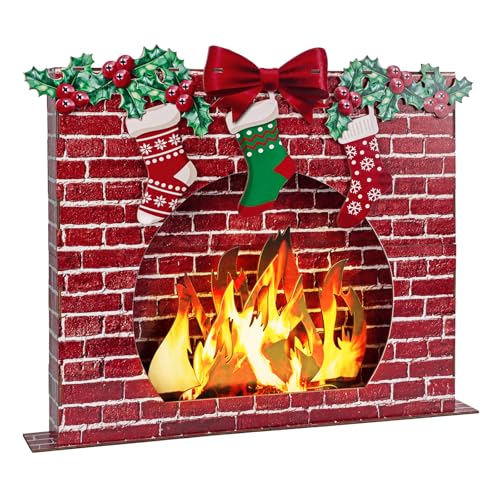 YIBOBO 3D Artificial Wooden Fireplace Prop with Light Strip 27x23x3.4 Red Fireplace Stand Up for Christmas Decor 3D Fake Fireplace Backdrop for Holiday Party Photo Booth Props Home Decor