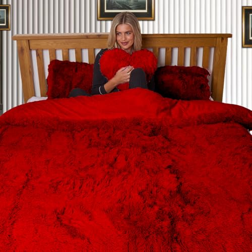 Hug & Snug Luxury Fleece Bedding Set Warm & Cozy Super Soft Fluffy Fur Duvet Cover Set - Ultimate Comfort (Red, Double)