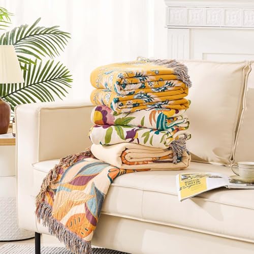 Image of XIBLC Boho Throw Blanket for Bed, 100% Cotton Soft Rustic Quilt Fall Blanket, 50 inchx60 inch Colorful Floral Printed Farmhouse Decor Bed Blankets, All Season Rustic Reversible Bohemian Throw Quilt