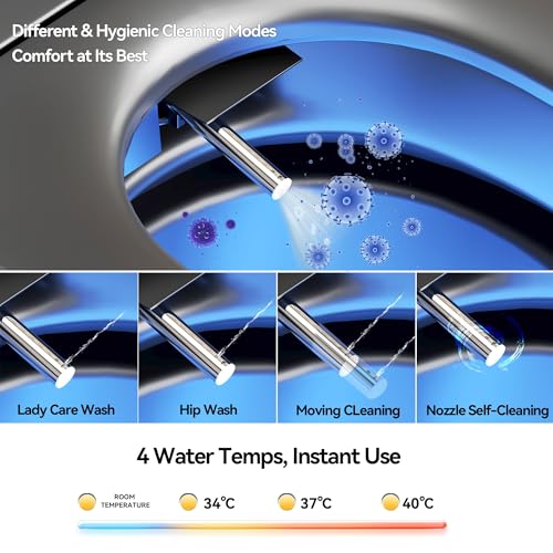 Inodoro inteligente con rociador de agua caliente y secadora, asiento calefaccionado con bidé, 4 modos inteligentes de descarga y asiento con apertura/cierre automático, operación con sensor de pie y pantalla LED Fahrenheit (Gris) miniatura 6