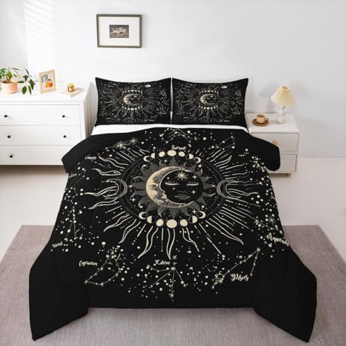 Image of Feelyou Sun and Moon Printed Comforter Set Boho Exotic Decor Bedding Set for Kids Boys Girls Galaxy Astrology Comforter Bohemian Gray Black Soft Quilt Set with 2 Pillowcases 3Pcs Bedding King