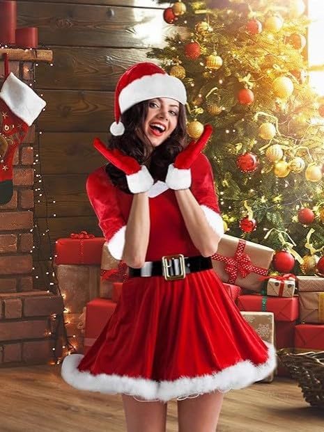 5 Pack Women Mrs Claus Christmas Costume Set Velvet Dress with Belt Striped Over Knee High Socks Santa Hat Gloves - Image 7