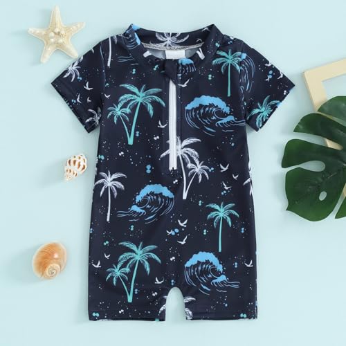 Dcohmch Baby Boy Swimsuit Rashguard Cartoon Print One Piece Bathing Suit Toddler Zipper Swimwear 6 9 12 18Months 2T 3T (Dark Blue, 6-12 Months)