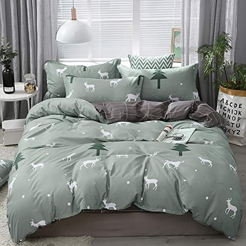 Omelas Kids Sage Green Duvet Cover Set Queen Size Christmas Cartoon Animal Elk Deer Tree Printed Bedding with Black Rectangle Plaid 3 Pieces Soft Microfiber Comforter Cover for Girls Boys (SLXL,Q)