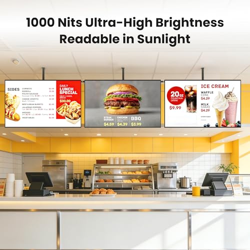 Image of 43 Inch Digital Signage Display, 4K UHD 1000 Nits Advertising Screen, Android 14.0 Wall Mount Digital Menu Board for Restaurants, Smart tv signage with 4GB RAM 64GB Storage, Smart Split Screen