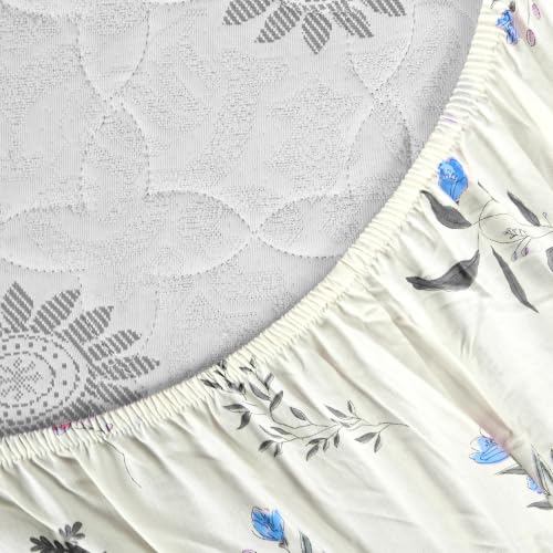 Image of Divine Casa King Size Fitted Bedsheet with 2 Pillow Covers (200 x 180 CM) | Cotton Twill Satin Floral Print | Cream Blue Elastic Fitted Sheet for Mattress.