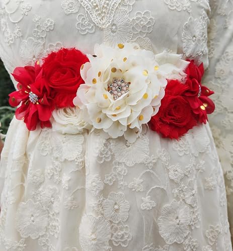 Flower Sash Belts for Women/Girls Dresses Bridal Wedding Bridesmaids Belt Maternity Pregnancy Flower Belt for Baby Shower (Red)3