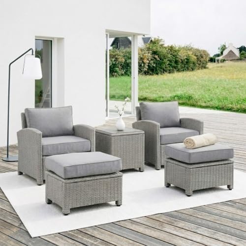 Image of DEVOKO 5 Pieces Patio Furniture Set Outdoor Sofa and Ottoman Set with Cushions & Center Table, HDPE Wicker Rattan for Lawn, Pool, Balcony, Backyard (Silver and Grey)