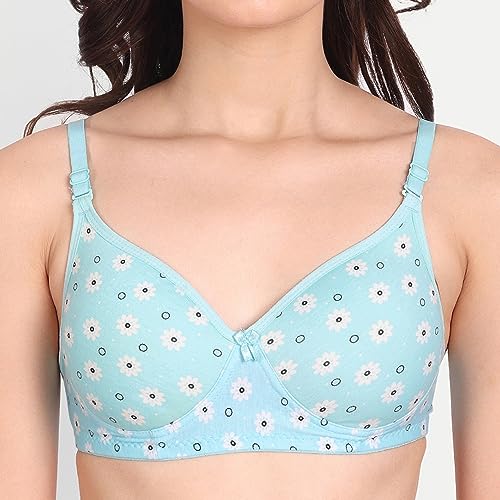 Image of Women Flower Printed Padded Bra - Made of Pure Cotton Full Coverage Non Wired Soft Cup for T-Shirt Saree Dress for Everyday