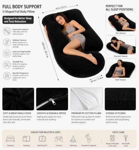 Image of Full Body Pillows for Sleeping Cooling Pregnancy Pillow,U Shaped Pregnancy Body Pillow for Women,Maternity Pillows for Pregnant Women & Removable Washable Velvet Cover Black