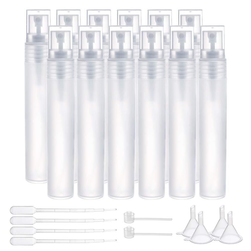 BENECREAT 12 Packung 20 ml weiße Mini Reise Sprühflaschen mit 4 teiligem Trichter, 4 teiliger 1ml Pipette und 2-teiliger Plastikpumpe für Parfüm mit Reiselotion