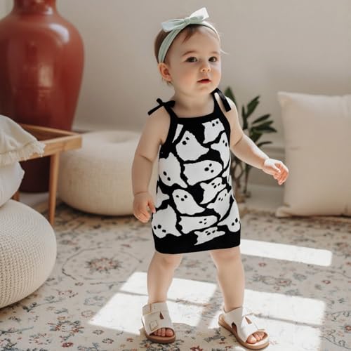 Yccutest Infant Girl Halloween Knitted Dresses Baby Girl Ghost Outfit Halloween Knit Sweater Toddler Sleeveless Mini Dress2