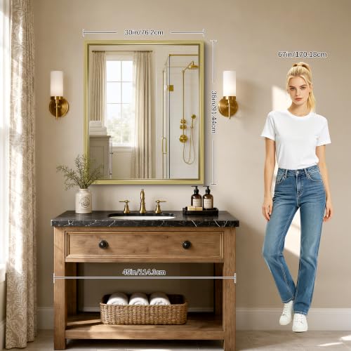 Image of Bathroom Mirror, 30 x 36 inch Natural Wood Grain Colored Aluminum Metal Frame Bathroom Vanity Mirror, Rectangle Wall Mirror for Bedroom Living Room, Tempered Glass, Horizontal or Vertical