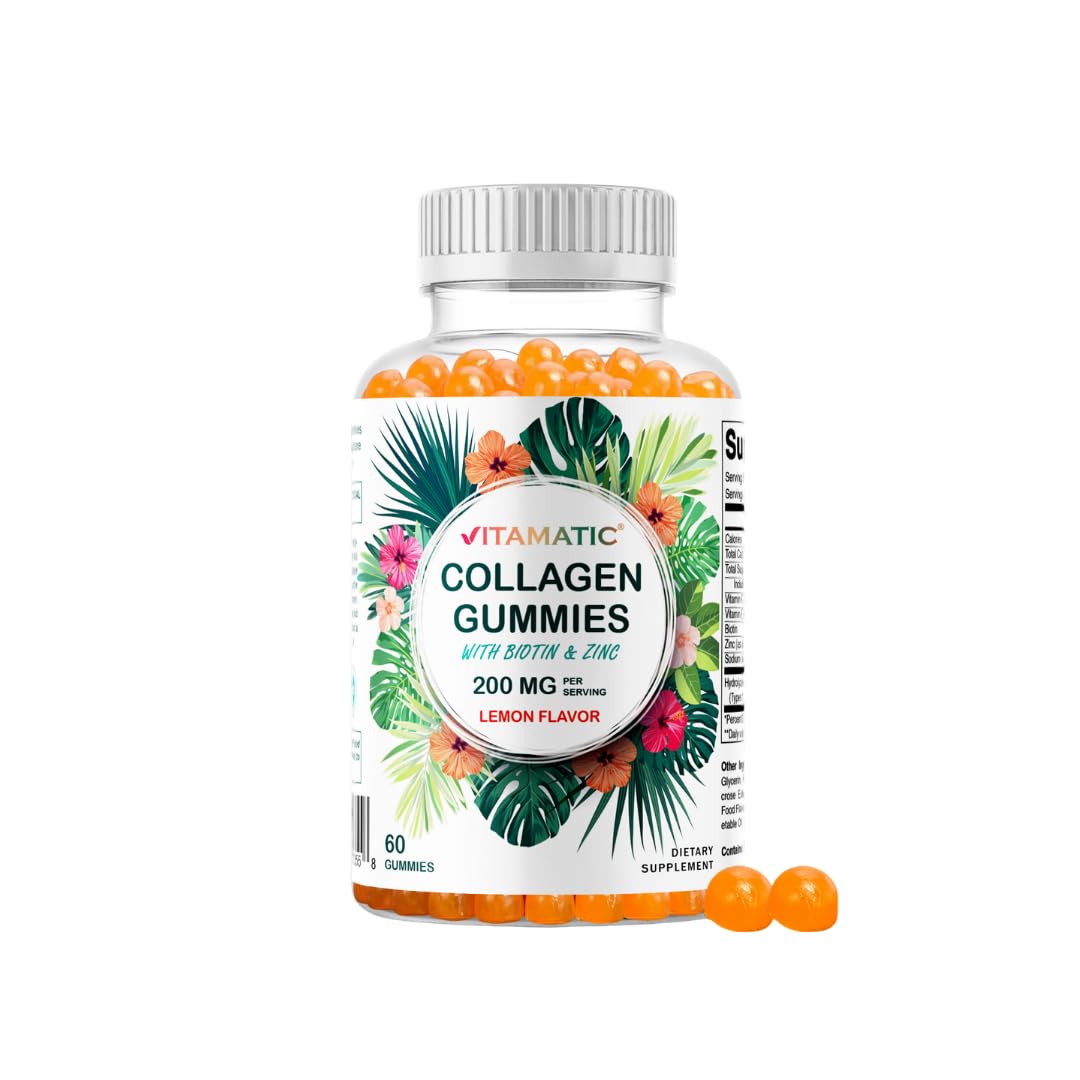 Vitamatic Hydrolyzed Collagen Gummies 200 mg with Biotin & Zinc, 60 Count 60 Count (Pack of 1)
