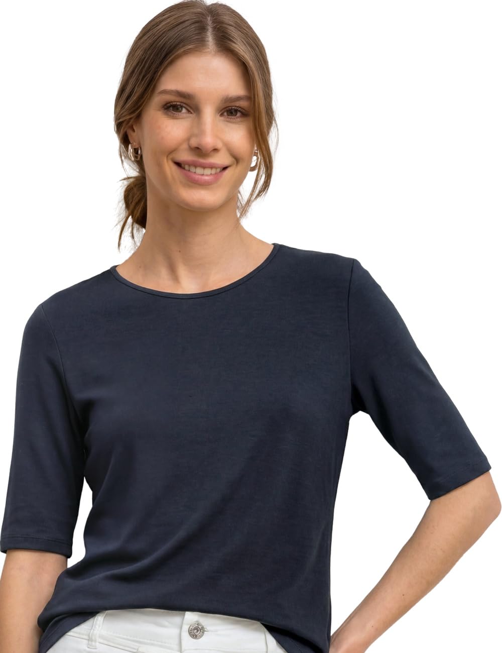 Street One Basic T-Shirt with Crew Neck in Plain Colour Darkest Blue 36