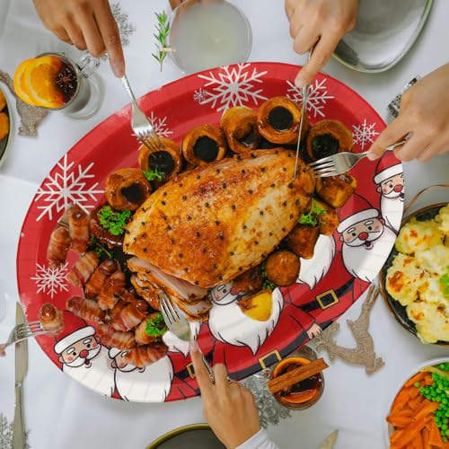 Tbsone 50-Count Christmas Disposable Paper Plates: Large Oval Heavy-Duty Dinnerware Set for Xmas Party Supplies and Holiday Dinner Table Decorations, 10.2 × 12.6 Inch (Santa and Snowflakes) – Image 5