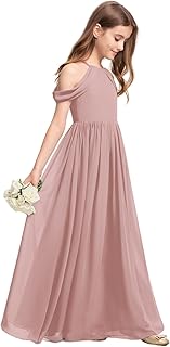 Off-Shoulder Junior Bridesmaid Dresses Long Chiffon Flower Girl Dress for Teen Girls Party Pageant Gowns Halter