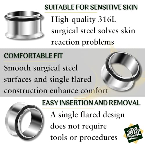 Pair of 316L Surgical Steel Single Flared Piercing Jewelry Stretcher Ear Plugs Earring Lobe O-ring flesh Tunnel3