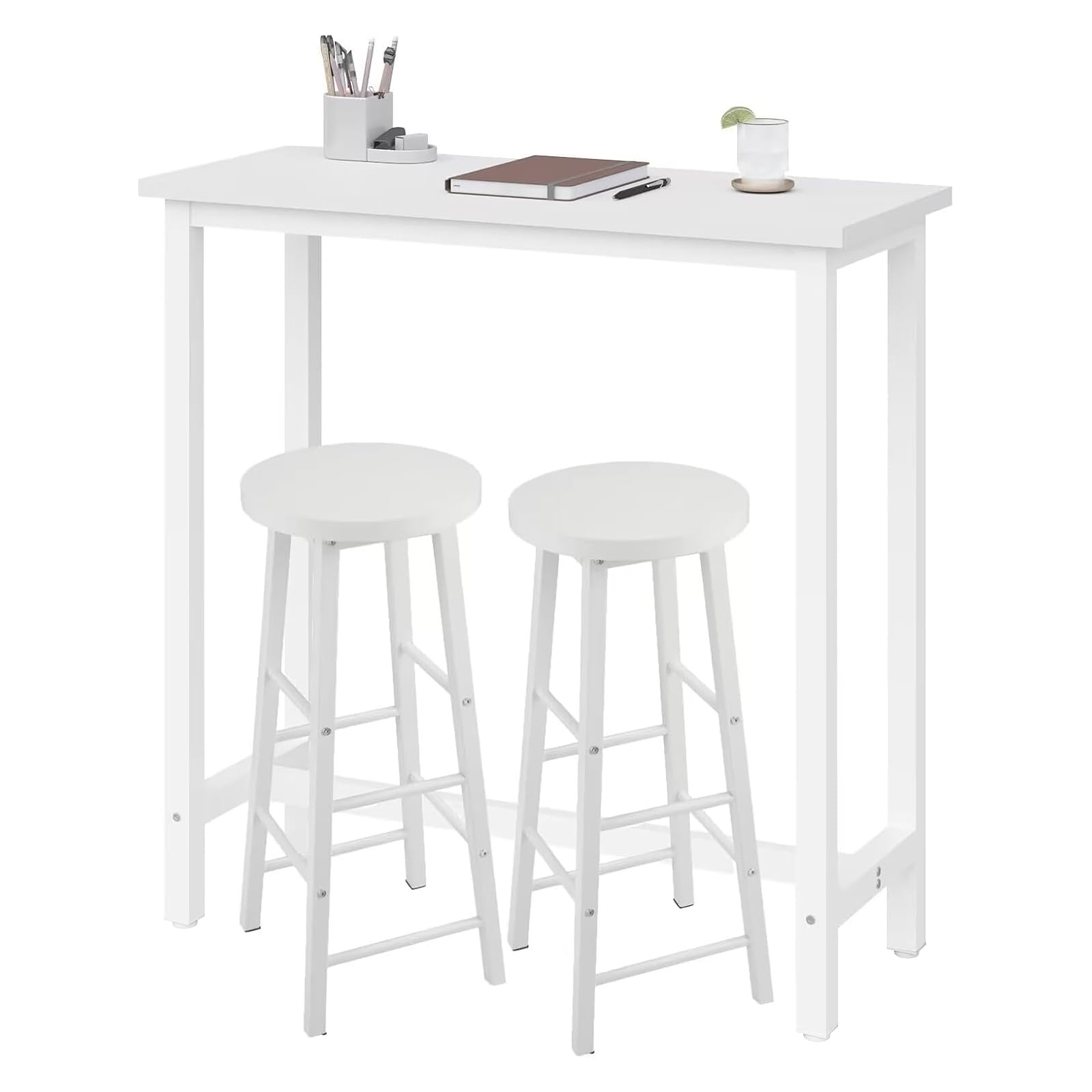 WOLTU Table Bar avec 2 Tabourets Ronds Hauts, Ensemble Table et Tabourets Industriels, pour Bar, Salle à Manger, Îlot de Cuisine, avec Structure en Métal, Blanc