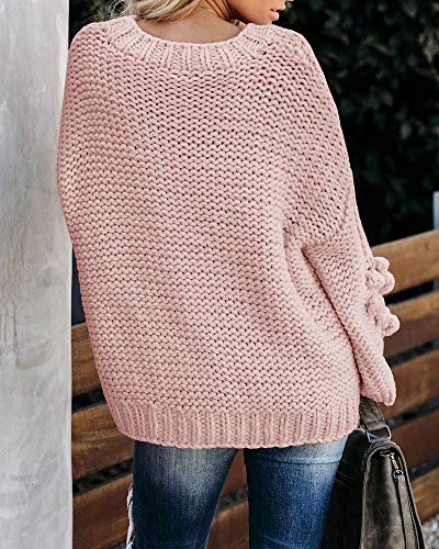 Saodimallsu Womens Chunky Batwing Sweaters Oversized Long Sleeve Crew Neck Dot Heart Cute Loose Knit Pullover Tops Pink - Image 4
