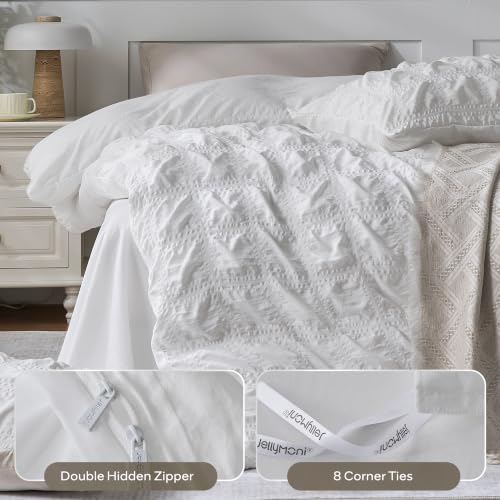 Image of JELLYMONI Seersucker Duvet Cover Set Full, 3pcs White-Grid Polyester | In Guest Room & Studio, Single Upgrades Pick, Crinkled Texture, Oeko-Tex Certified, 8 Corner Ties & Hidden Zipper
