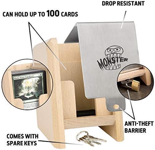 Miniatura 4 de Caja de madera Monster Guillotine, cerradura antirrobo y llave, capacidad para 100 piezas de cartas coleccionables con funda, compatible con Yugioh,