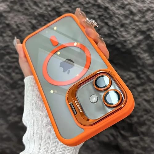 Image of LuxuryKase Clear Case Compatible with MagSafe for iPhone 16 | Shockproof Transparent Cover with Camera Lens Protection | Metal Ring Stand & Wireless Charging Support - Orange