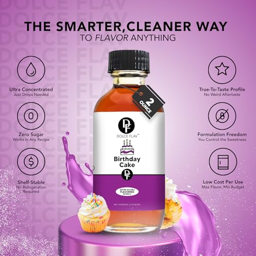 Image of Dolce Flav Birthday Cake Extract - 2 Ounce Water-Soluble Kosher, Sugar-Free, Concentrated Festive Cake Flavoring for Frostings, Cupcakes & Desserts, Includes Measured Dropper, 2 oz Pack of 2