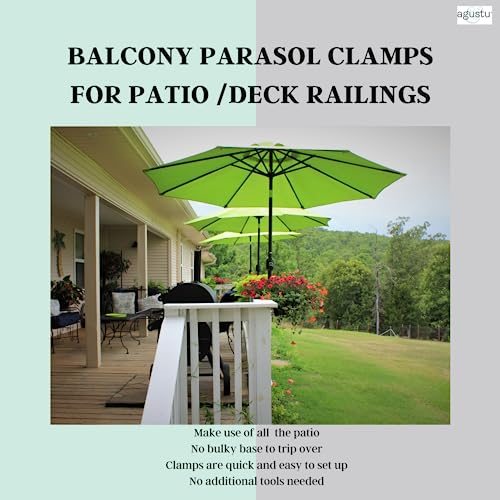 Agustu 2 Pack Deck Patio Umbrella Holder – Outdoor Mount – Heavy Duty Clamp Railing To Pole Brackets For Bird Feeders, Torch Lights, Flag Poles - Maximise Space On Balcony – With 4 Prong Hanging Hook #TOP1