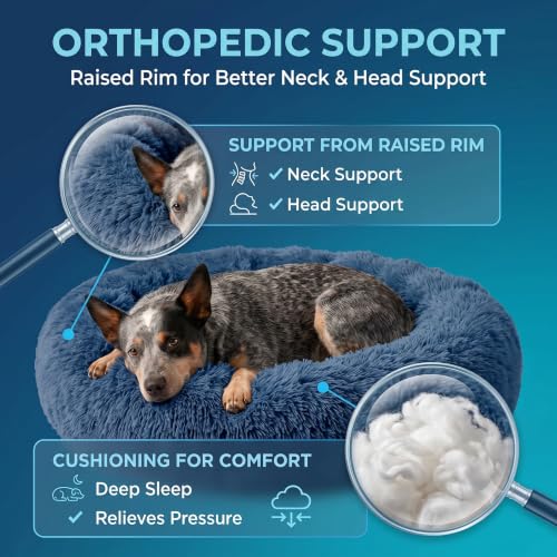 Image of ZEXSAZONE Round Donut Pet Bed for Cats and Puppies Dogs, Cozy and Plush, Raised Bedside Support, Both Sides Use Like 2 in One, Washable, Sizes for Small, Medium, and Large Pets. (Blue, Medium)