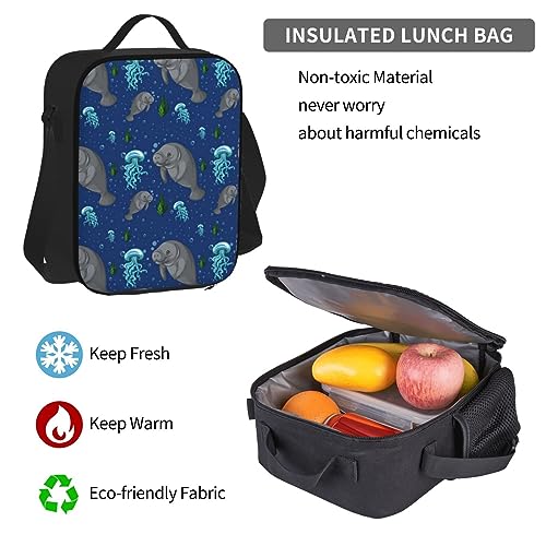 Sac à dos décontracté imprimé noir Manatee ensemble 3 pièces informatique et repas