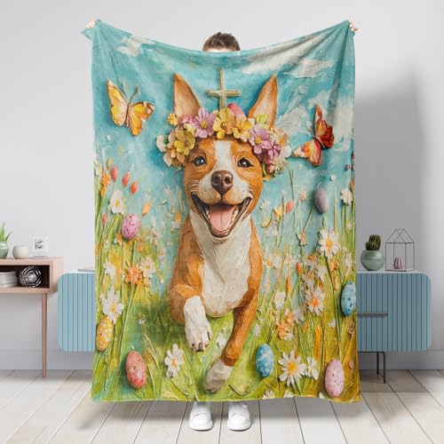 Manta Basenji de primavera y Pascua, 40 x 50 pulgadas, diseño de campo de huevos cruzados, cálida, mullida, acogedora, manta de franela para dormitorio, camping, viajes, decoración de sofá para